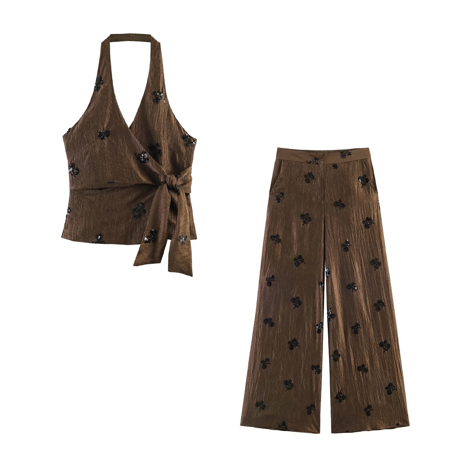 Bead hanging neck collar top+wide leg pants set
