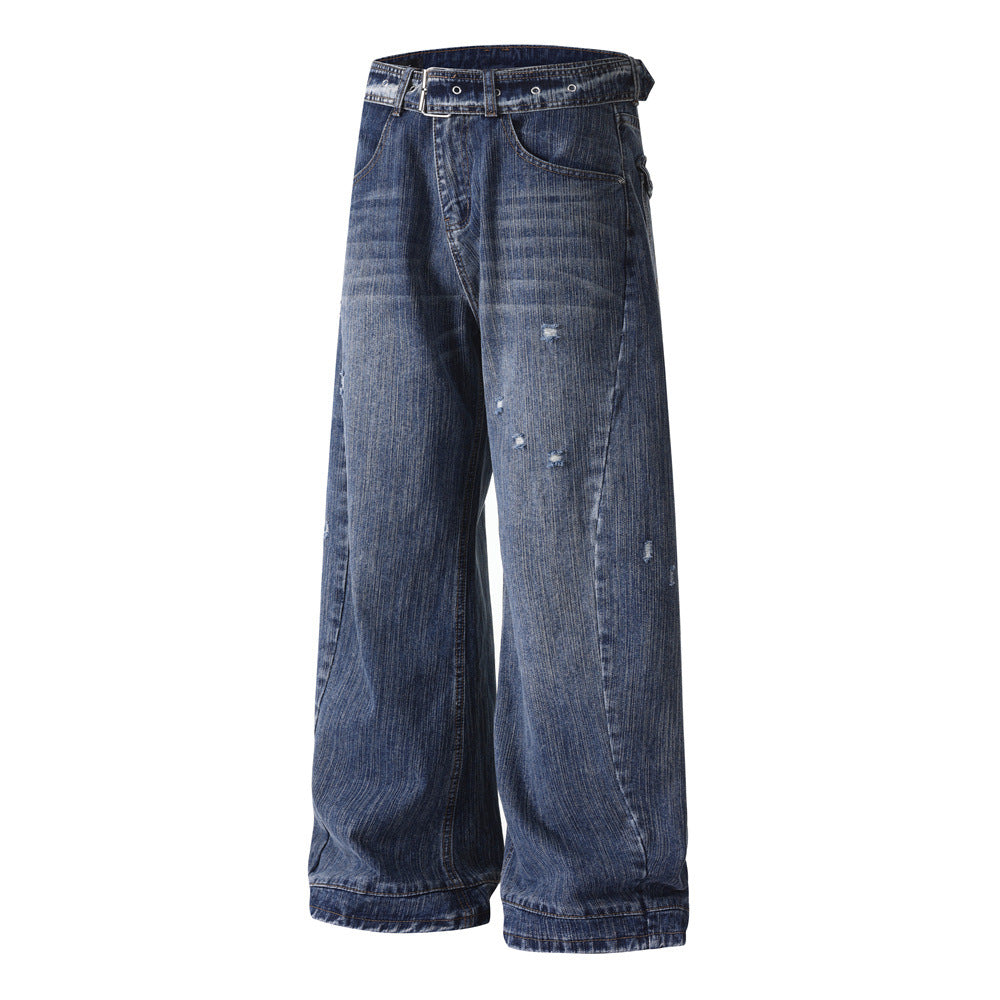 Wear and tear the waistband make it old wide leg denim pants