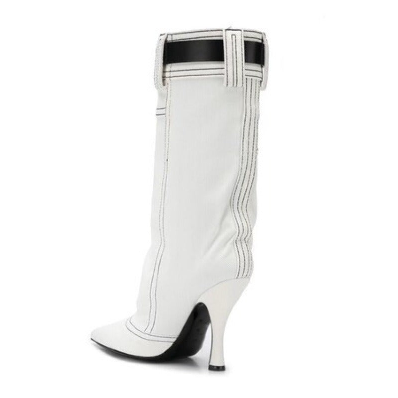 Western Cowboy Boots Women's BlueVintage High Heel Knight Boots Big Barrel Girth Pointed Slim Boots No More Than Knee