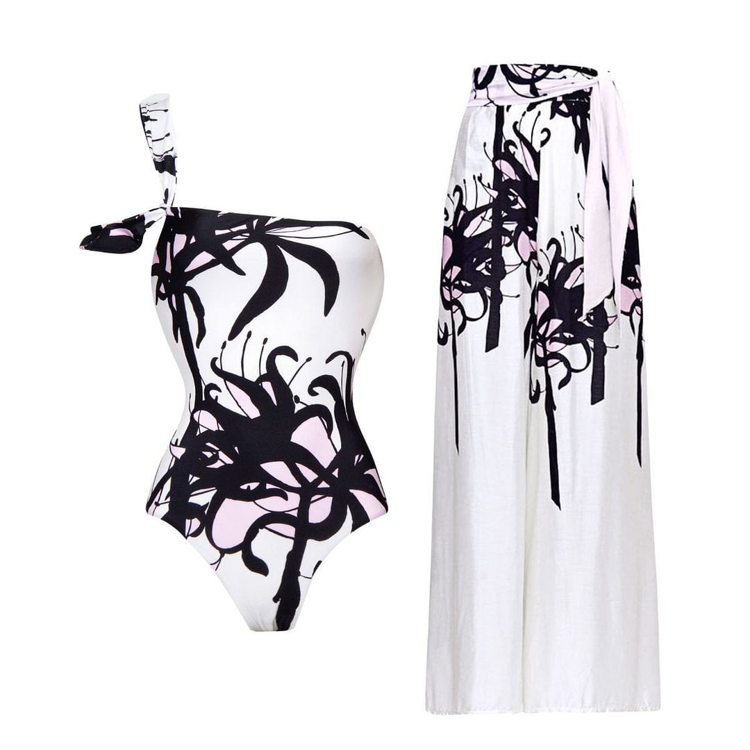 Printed One-Shoulder High-End Swimwear Set for Women, Two-Piece Suit