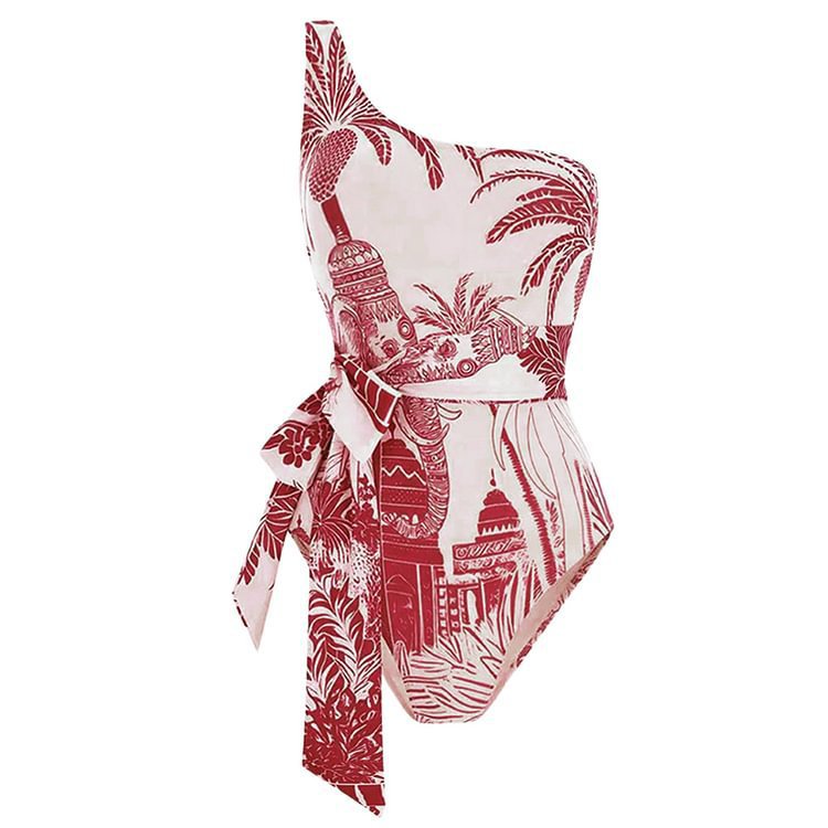 Print Off-Shoulder Belted Slim-Fitting  One-Piece Swimsuit