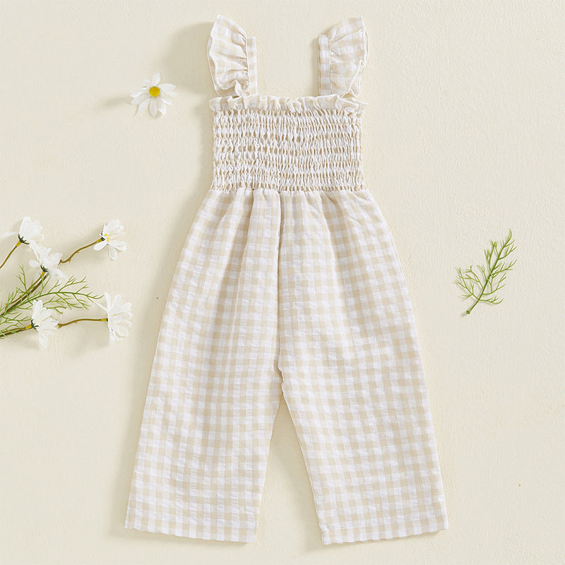 Cute Girl's Summer Plaid Flutter Sleeve Jumpsuit, Lightweight Wide Leg Bodysuit