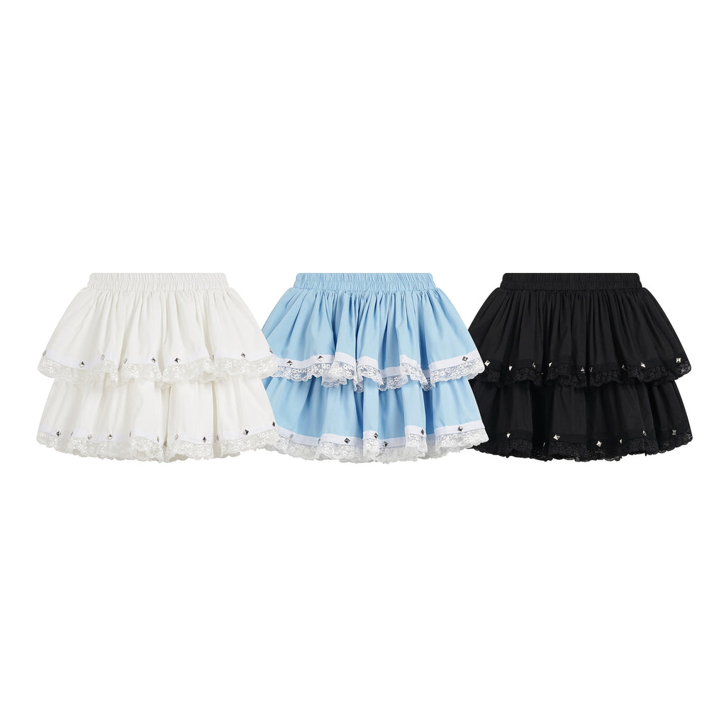 TIDEEKU Design Lace Trim Pleated Mini Skirt High Waist Multi-Layered Cake Skirt Sweet Girl Style Midi Skirt