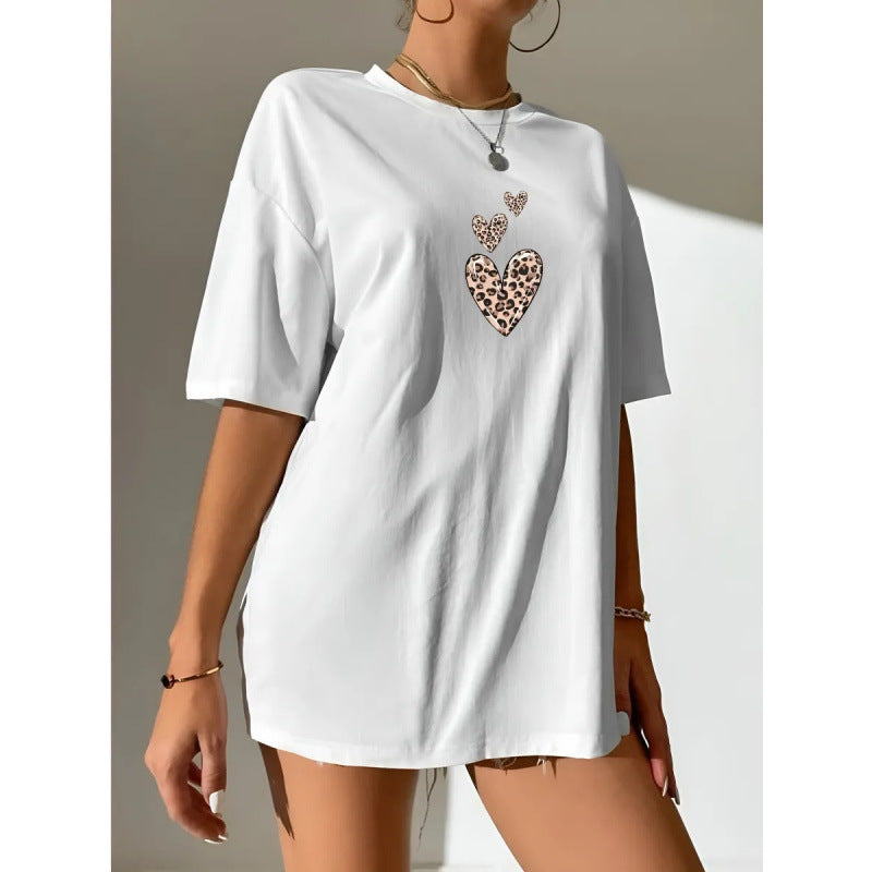 Leopard print heart pattern round neck T-shirt
