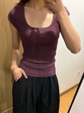 Purple U-Neck Ribbed Knit Short Sleeve