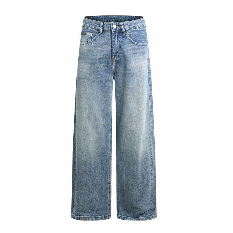 Loose Fit Men's Denim Pants Mid-Waist Plain Straight Leg A-Line Cut