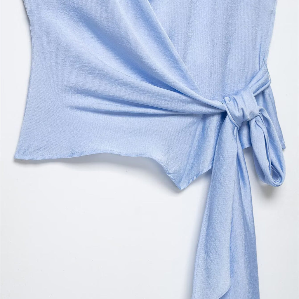 Silk texture shoulder pad butterfly knot sleeveless top
