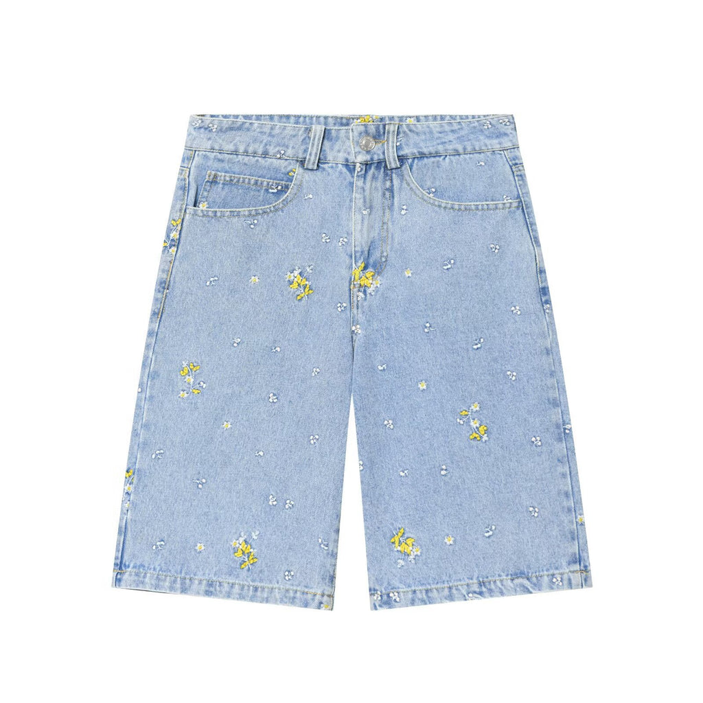 Embroidered denim jacket+denim shorts set
