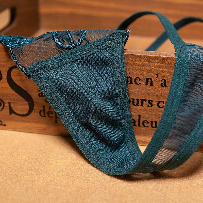 Embroidered women's thong with transparent mesh and fine straps, seamless underwear for women