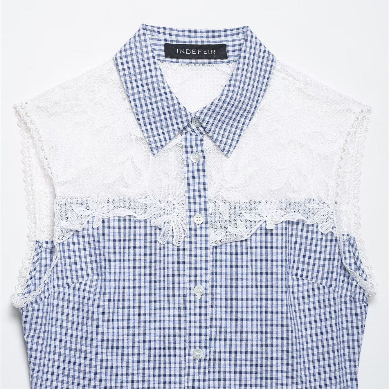 Lace patchwork small plaid sleeveless shirt