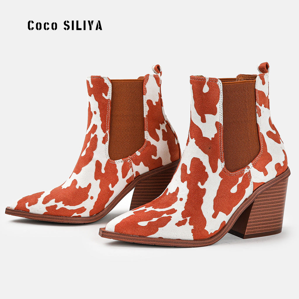 Women's Patterned Short Boots New Ankle Boots Autumn And Winter Thick Heels Pointed Toes Large Martin Boots