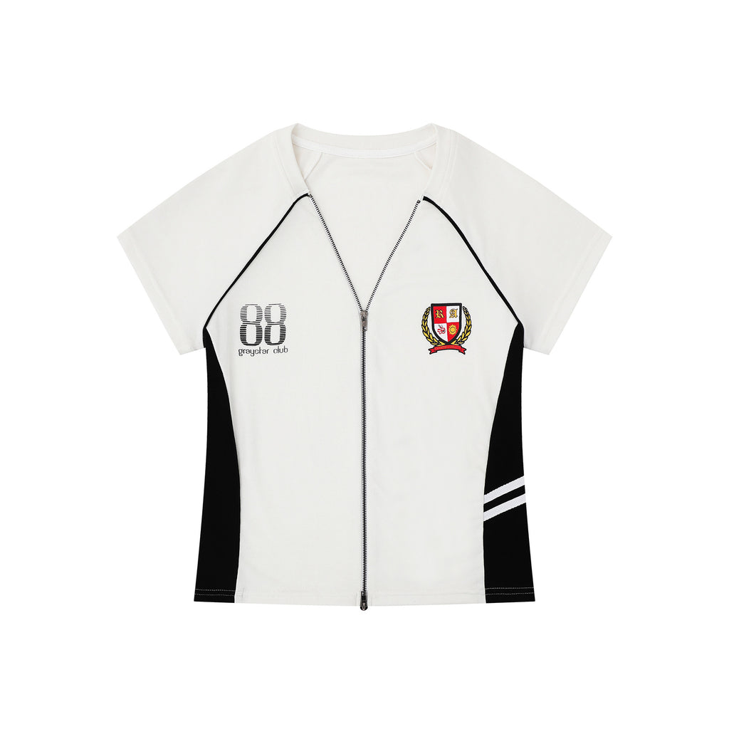 Badge Zipper T-Shirt for Women, Color-Blocking Wide Sleeve Fitted Slim Fit Top