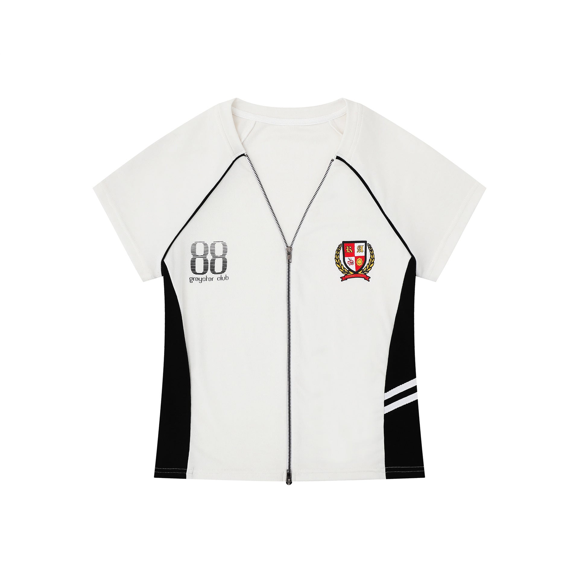 Badge Zipper T-Shirt for Women, Color-Blocking Wide Sleeve Fitted Slim Fit Top