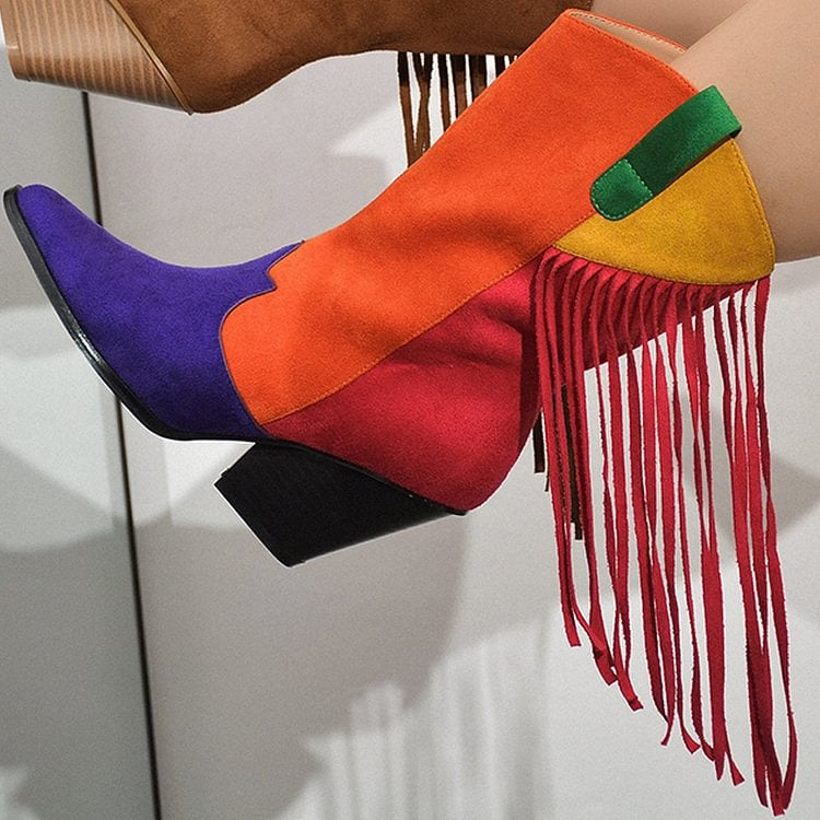 Female Faux Suede Fringed Cowboy Boots Autumn Winter Women Pointy Toe Chunky Heel Ankle Boots Slip on Retro Boots