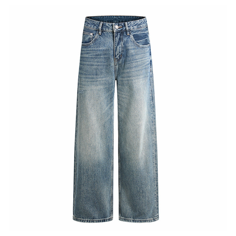 Washed Blue Denim Pants for Men Versatile Mid-Waist A-Line Long Trousers