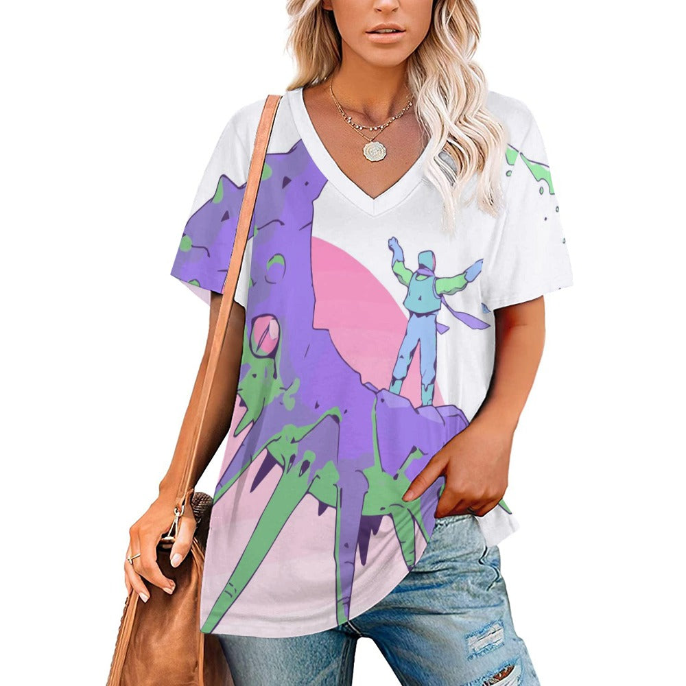 New V Neck Short-sleeve Women Shirt Printed