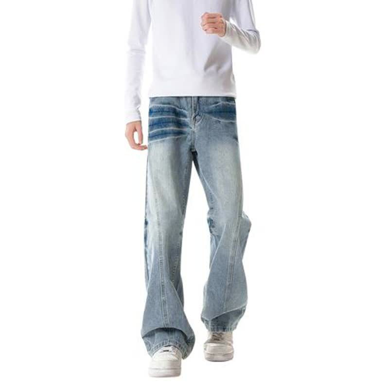 Washed Gradient Denim Pants with Cat Eye Texture and Blue Lightning Pattern
