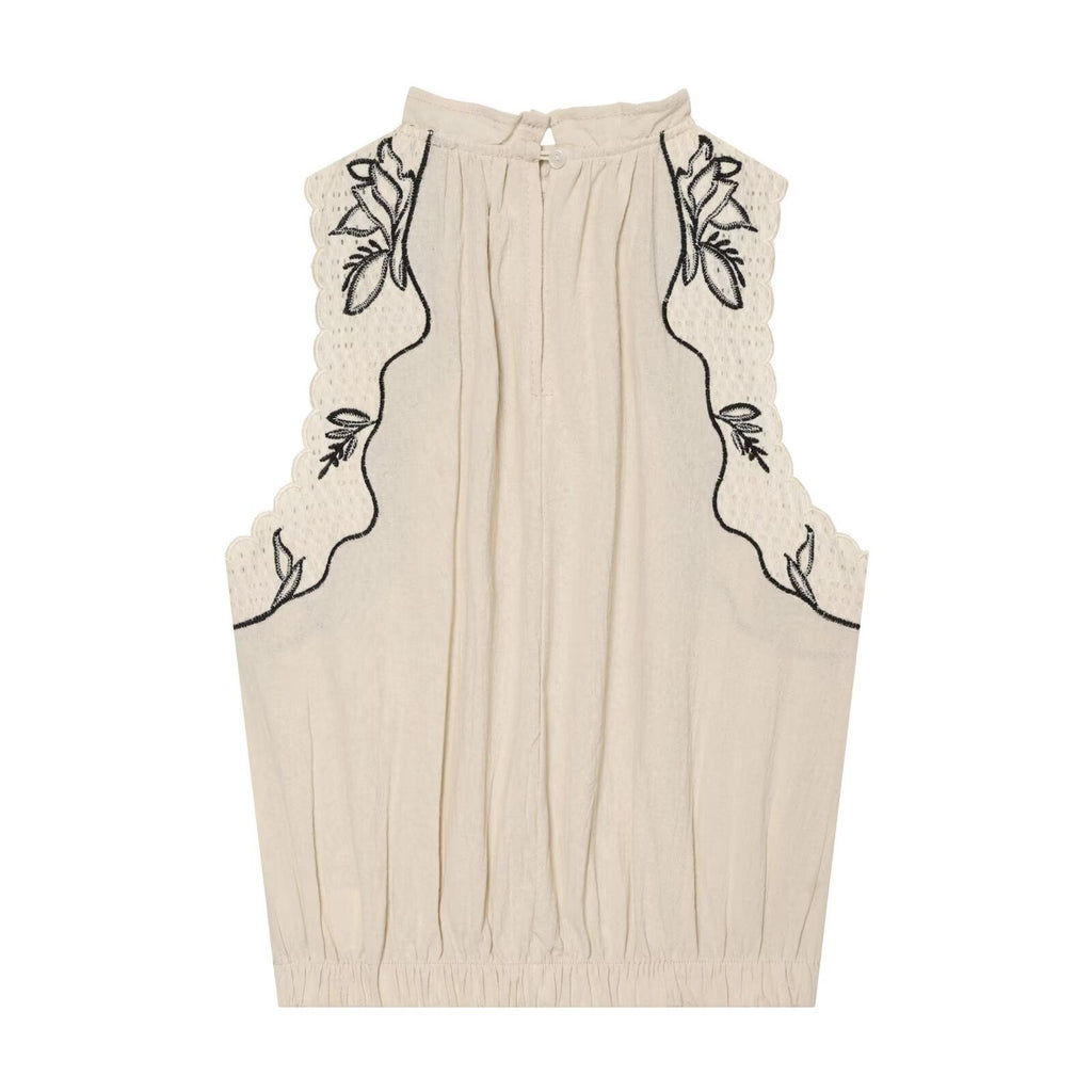 Embroidered patchwork balloon shaped sleeveless top