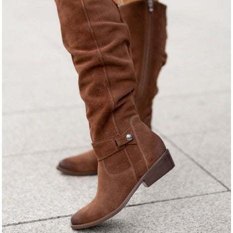 Low heeled side zipper oversized suede high top women's boots