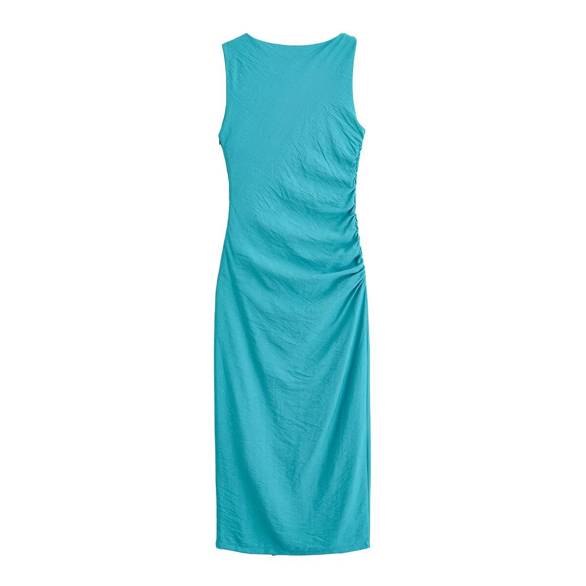 Wrinkled gold-plated sleeveless dress with embellishments