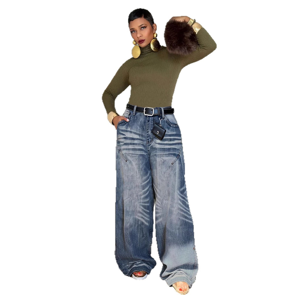 Design Pleated Faded Loose Jeans Pants