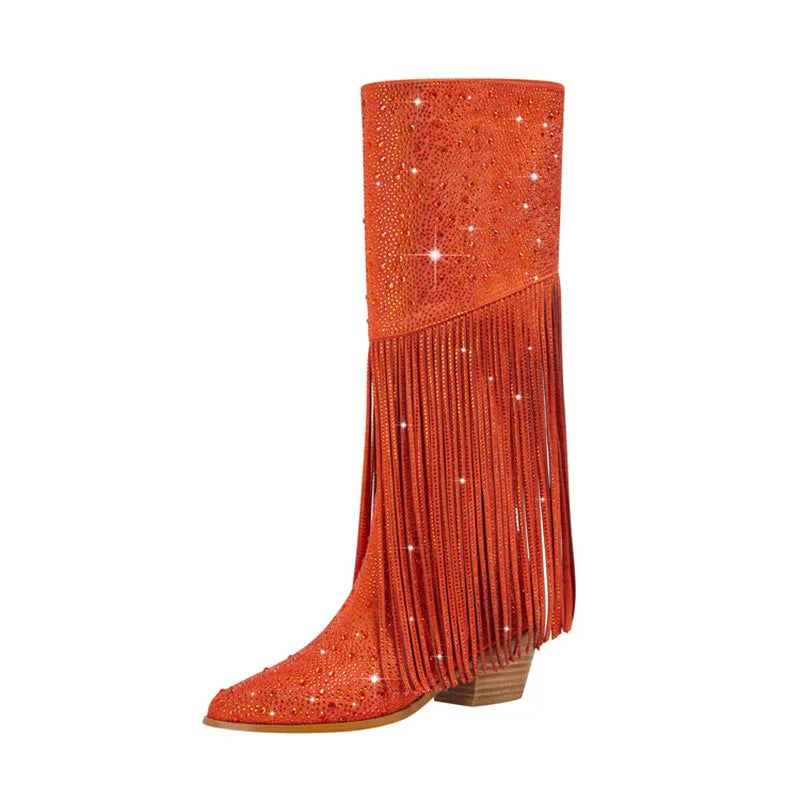 New Women's Thick High Heels Knee Long Women's Boots Fashion Tassel Rhinestone Short Boots Pointed Large Women's Boots