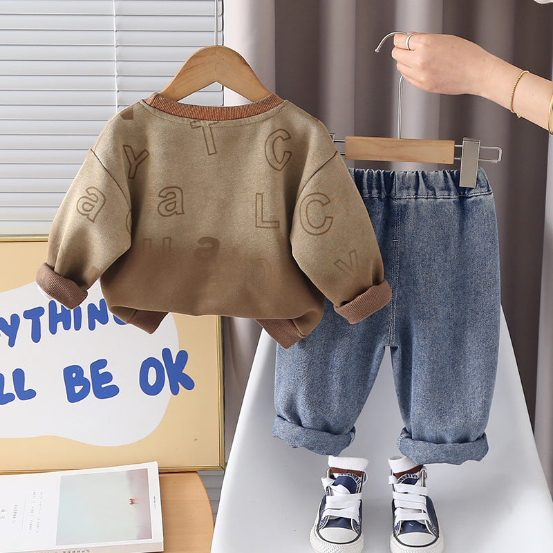 Male baby letter long sleeved hoodie two-piece set