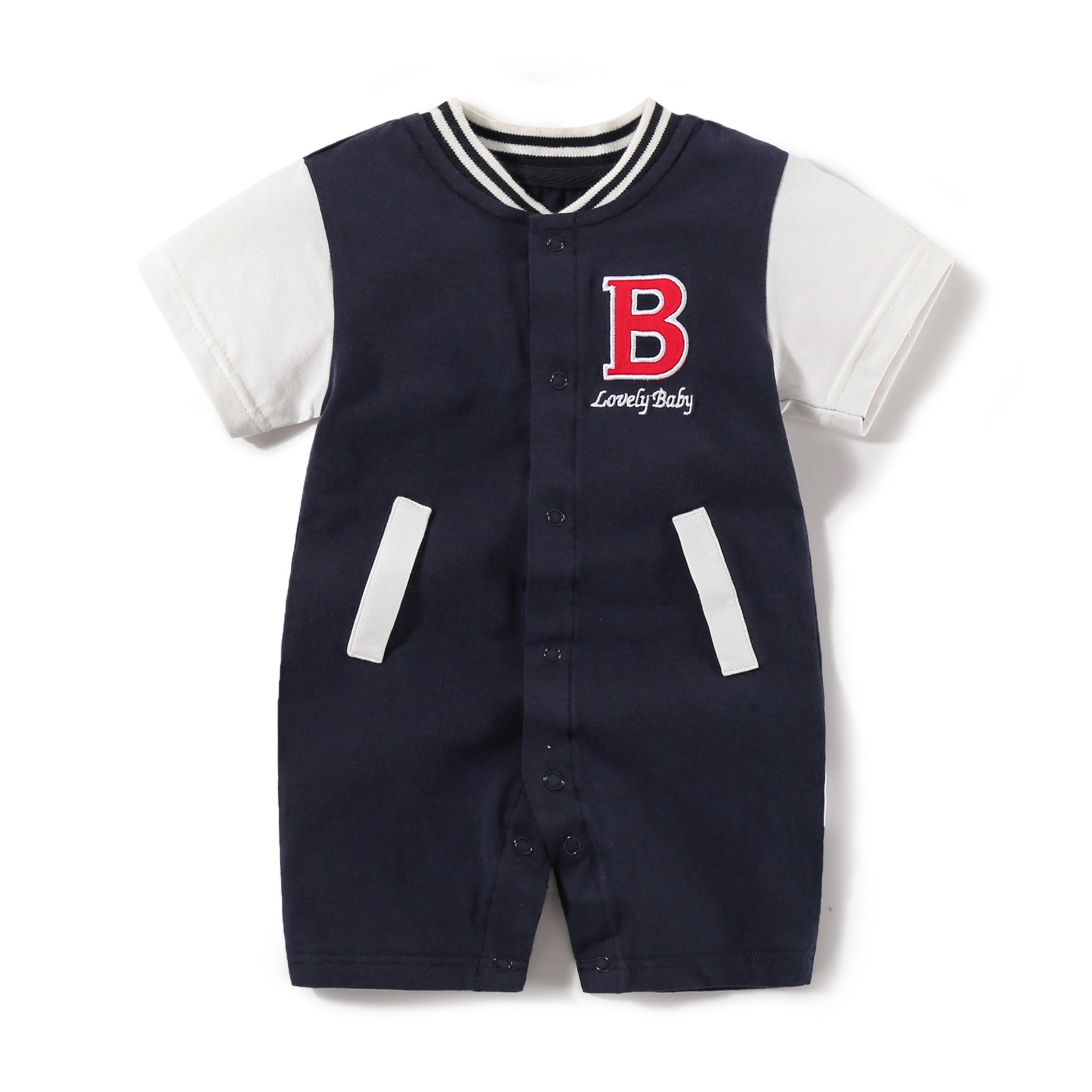 Short sleeved single breasted baby jumpsuit