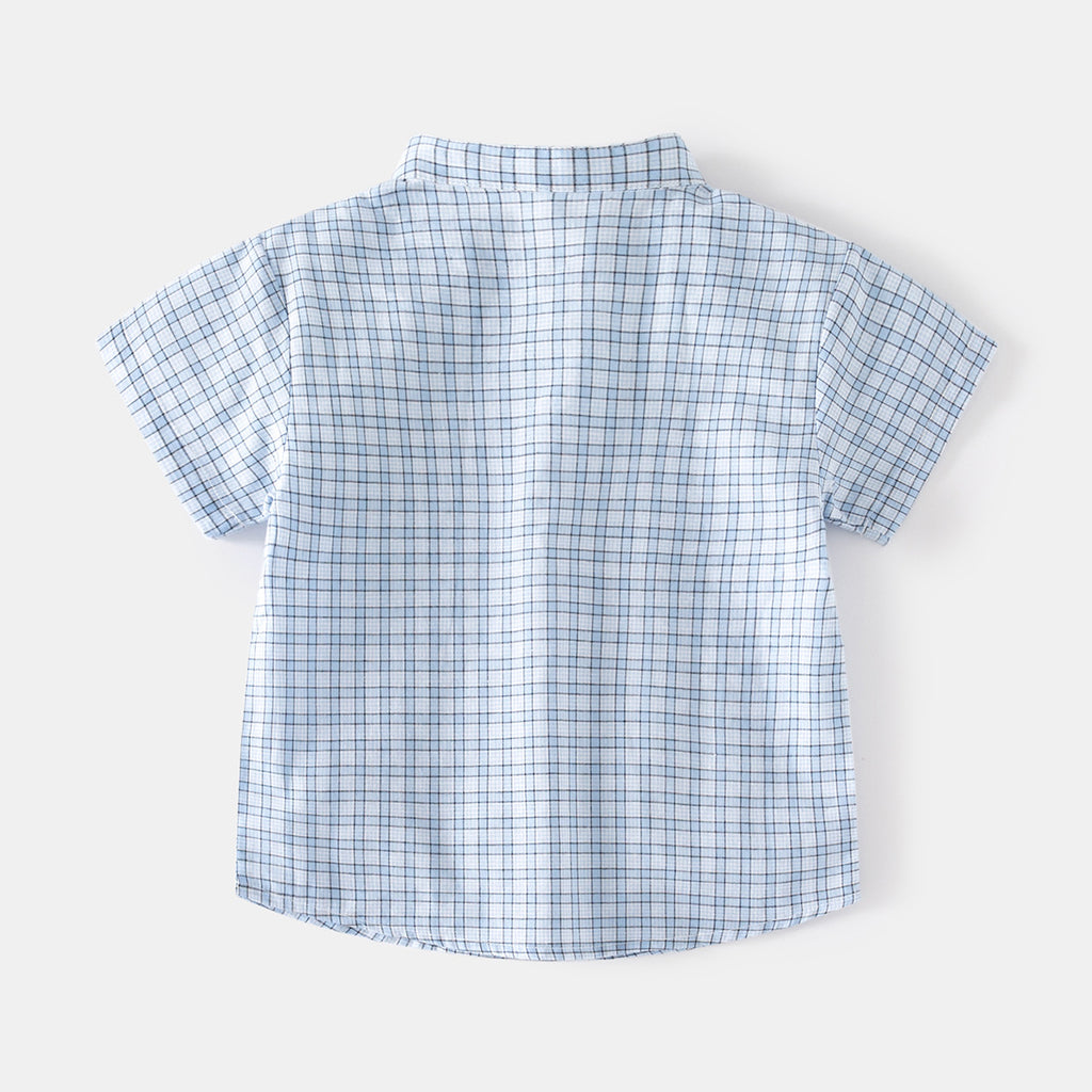 Soft Comfortable Moisture-Wicking Checkered Stand-Up Collar Short Sleeve Outdoor Casual Style Boys Shirt