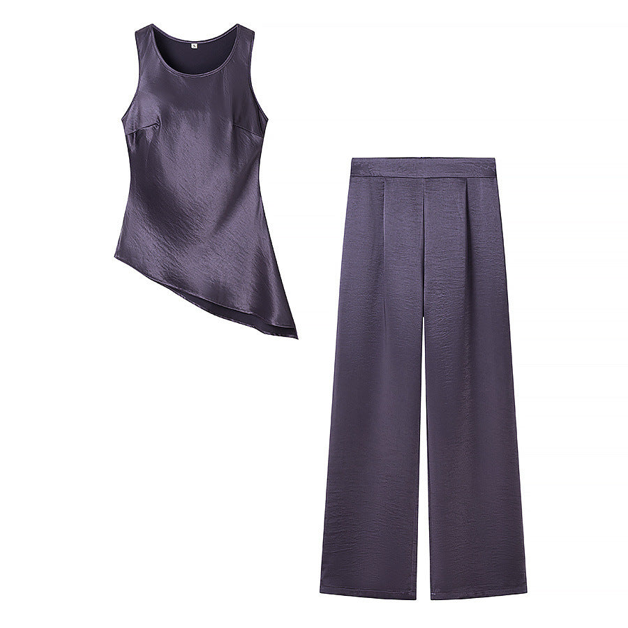 Irregular silk top+pants set