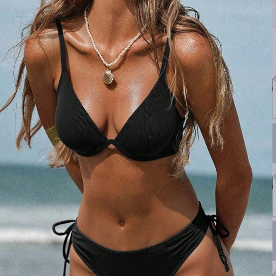 Solid color collar bikini set