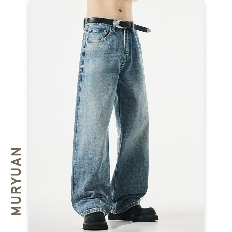 Loose Fit Men's Denim Pants Mid-Waist Plain Straight Leg A-Line Cut