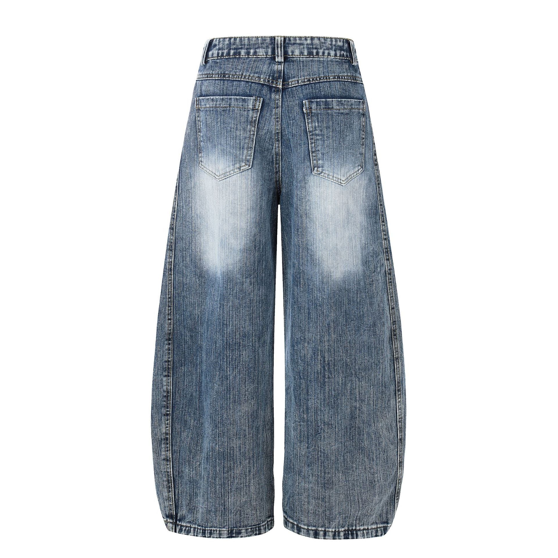Washed White Cross Waist Belt Design Jeans Unisex Loose Wide Leg Knife-Edge Floor-Length Pants