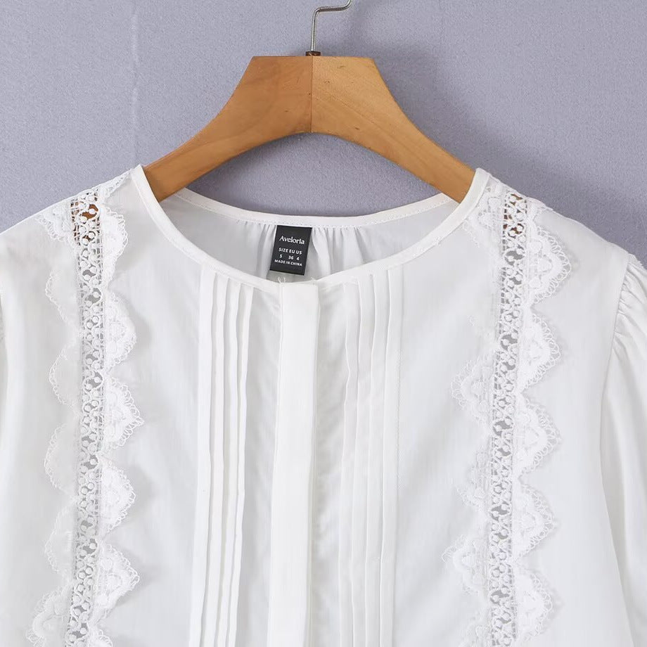 Cotton pleated lace patchwork short sleeved shirt
