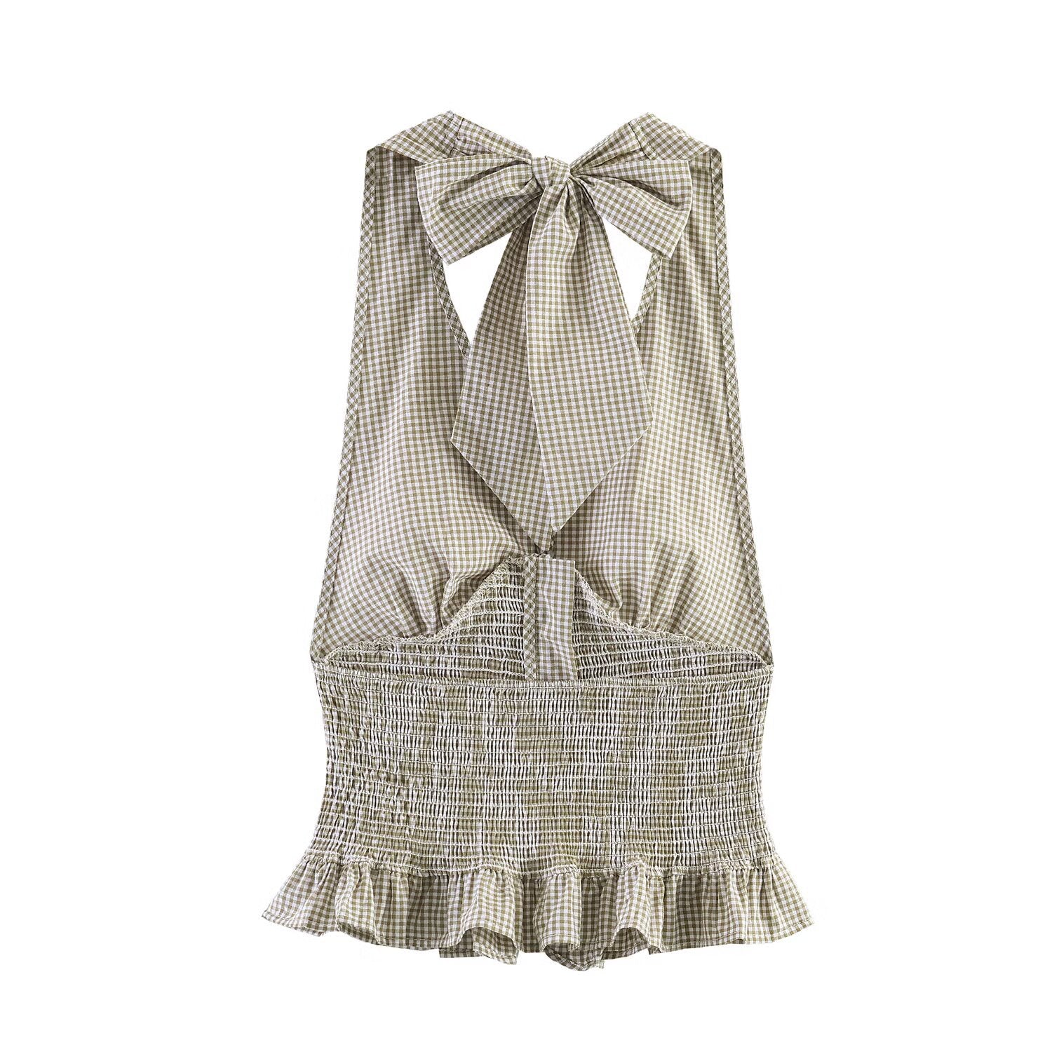 Spicy girl small plaid hanging neck collar top