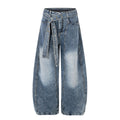 Washed White Cross Waist Belt Design Jeans Unisex Loose Wide Leg Knife-Edge Floor-Length Pants
