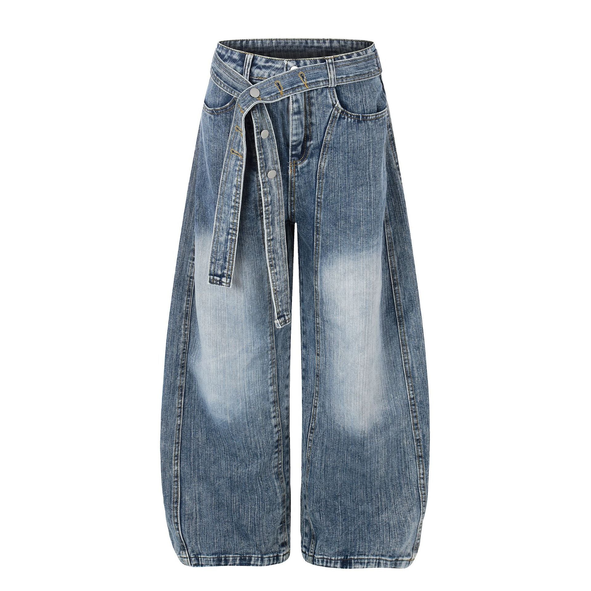 Washed White Cross Waist Belt Design Jeans Unisex Loose Wide Leg Knife-Edge Floor-Length Pants