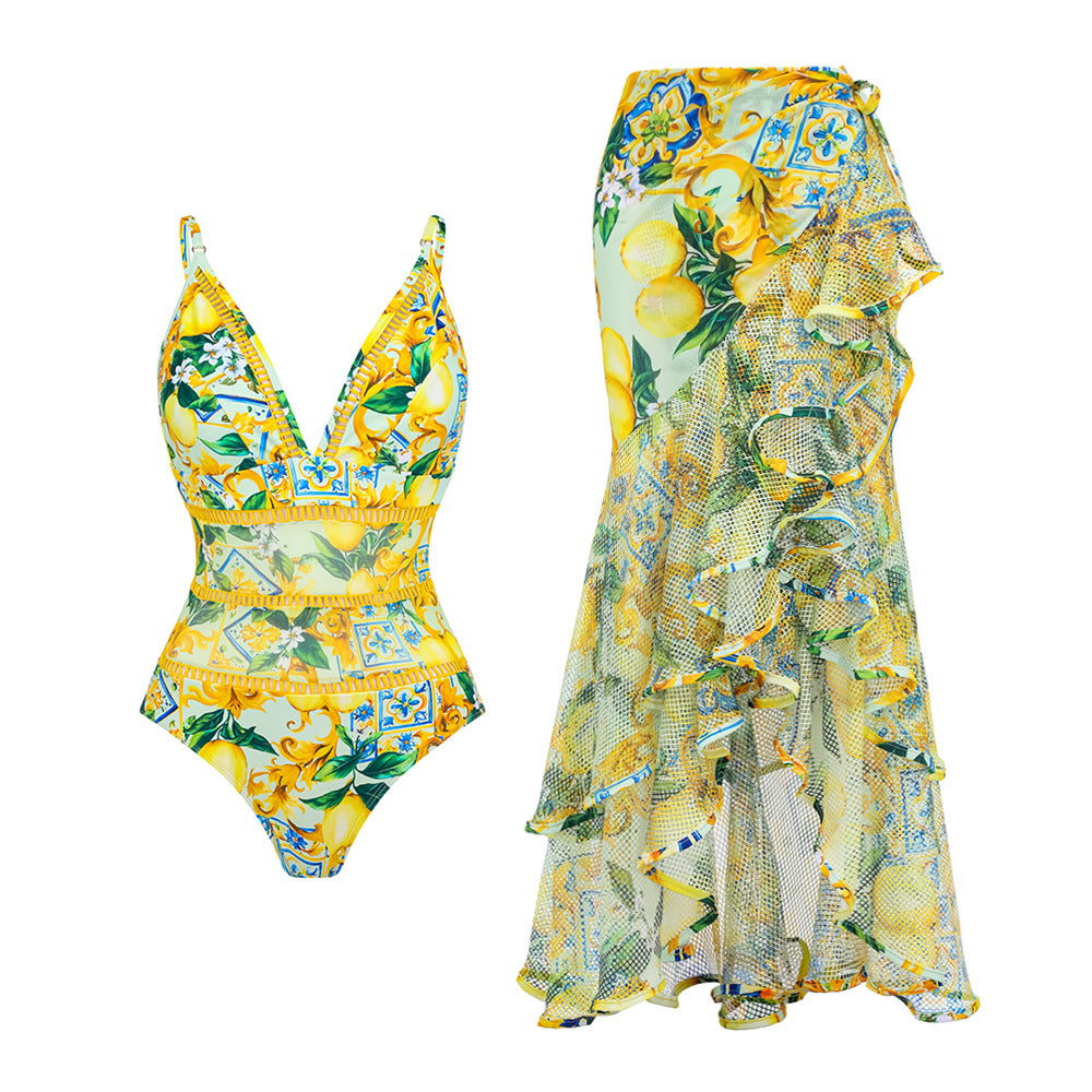 One-Piece Swimsuit for Women, Retro Design, Vacation Set Dress Swimwear