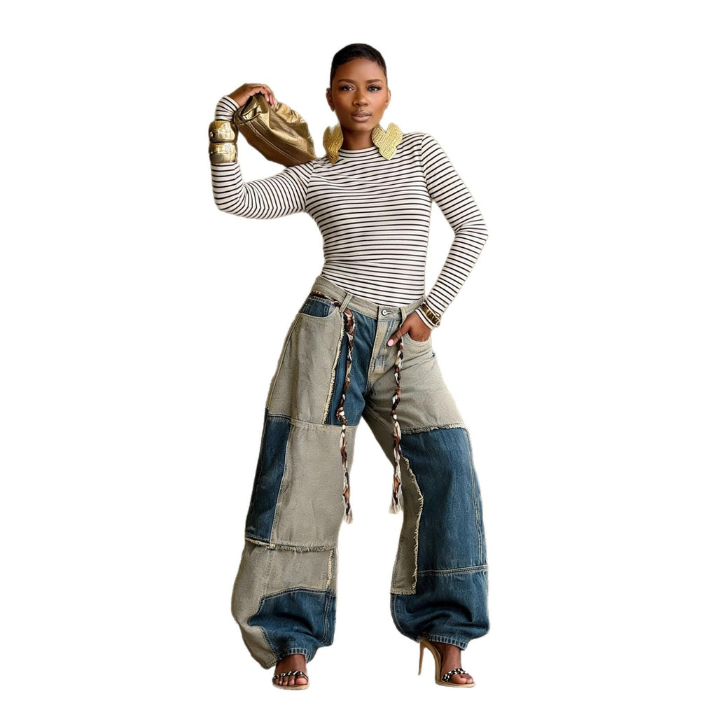 Two-tone Patchwork lash Hem Raw Edge Jeans with Belt