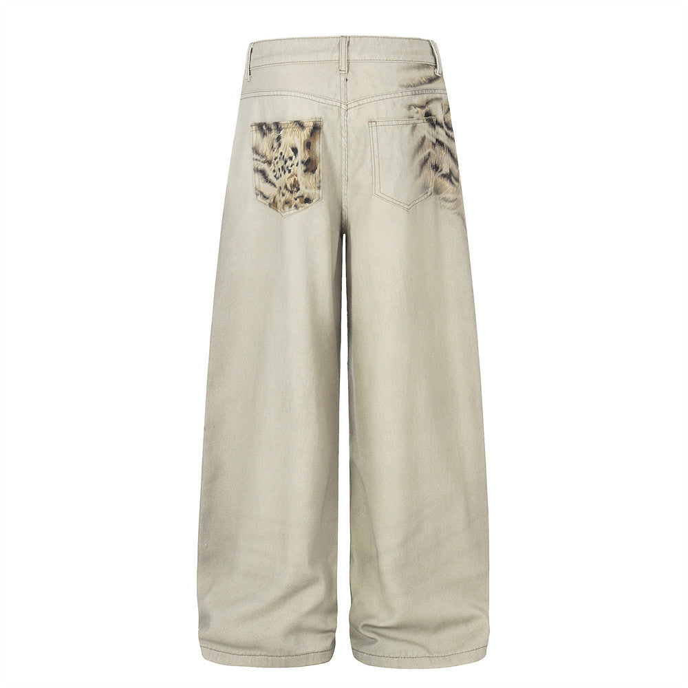 Tiger print digital printed denim wide leg pants