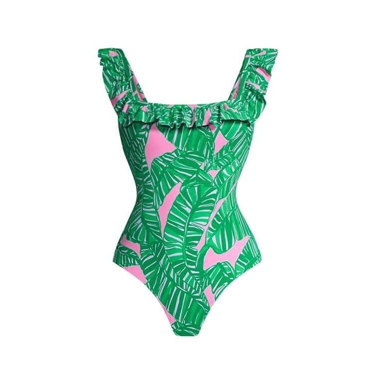 Print  Sleeveless  Small Ruffle Edge  One-Piece  Women's Swimwear