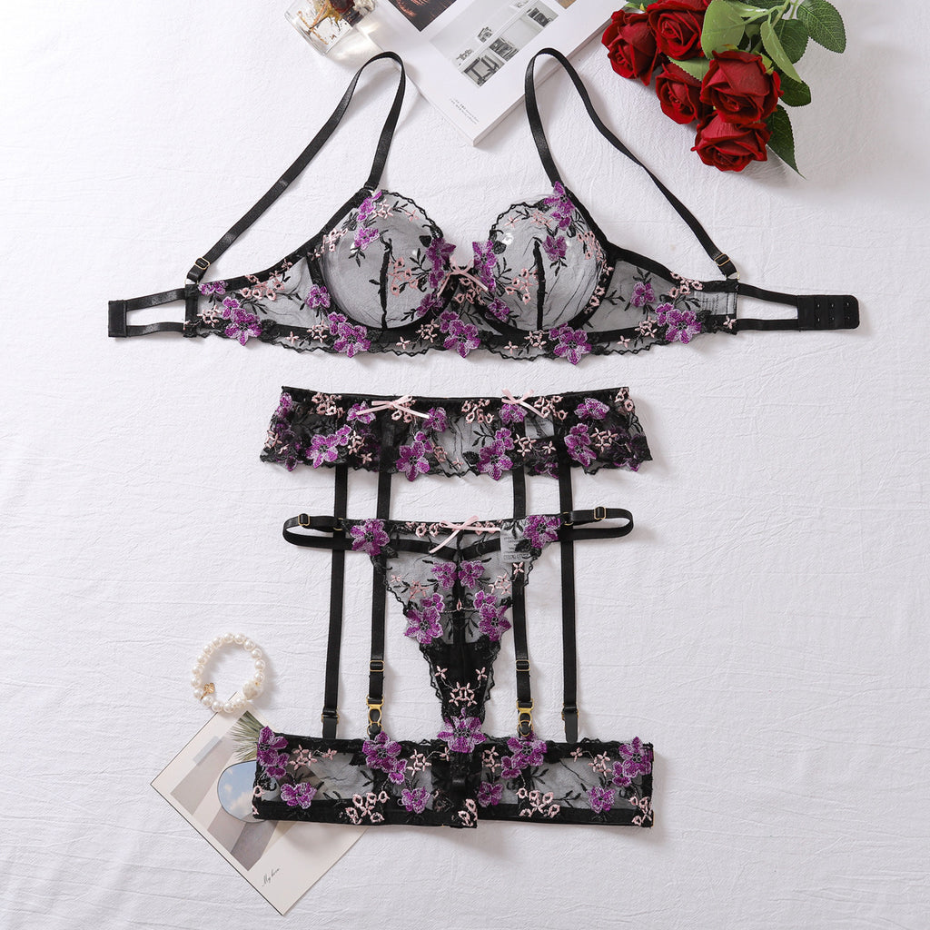 Purple Sexy Lace Embroidered Bra Collar Bra Underwear Set