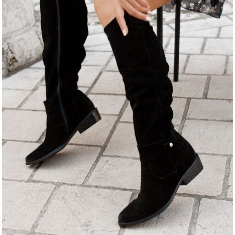 Low heeled side zipper oversized suede high top women's boots
