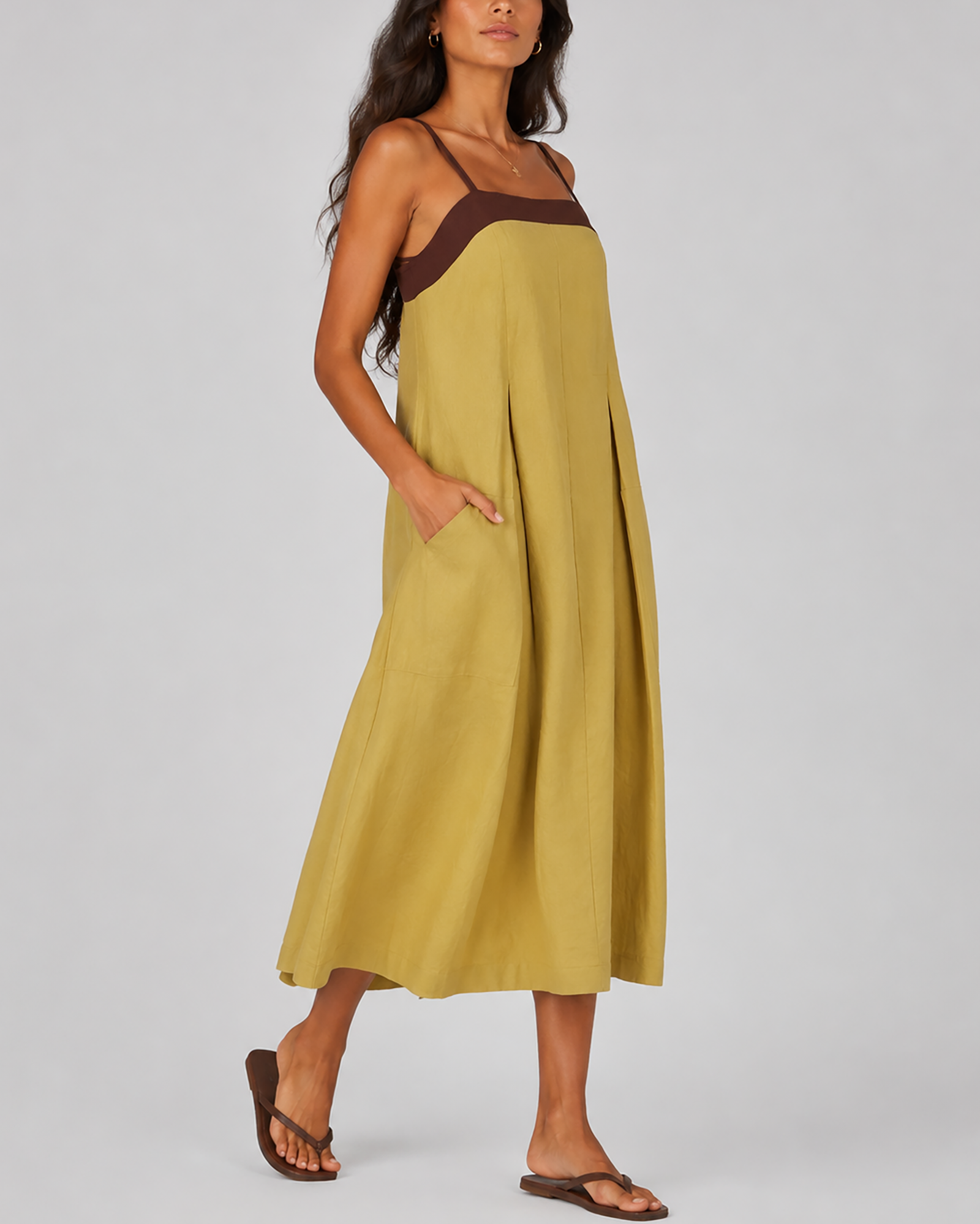 Women's fashion color-blocked loose large pocket spaghetti strap maxi dress