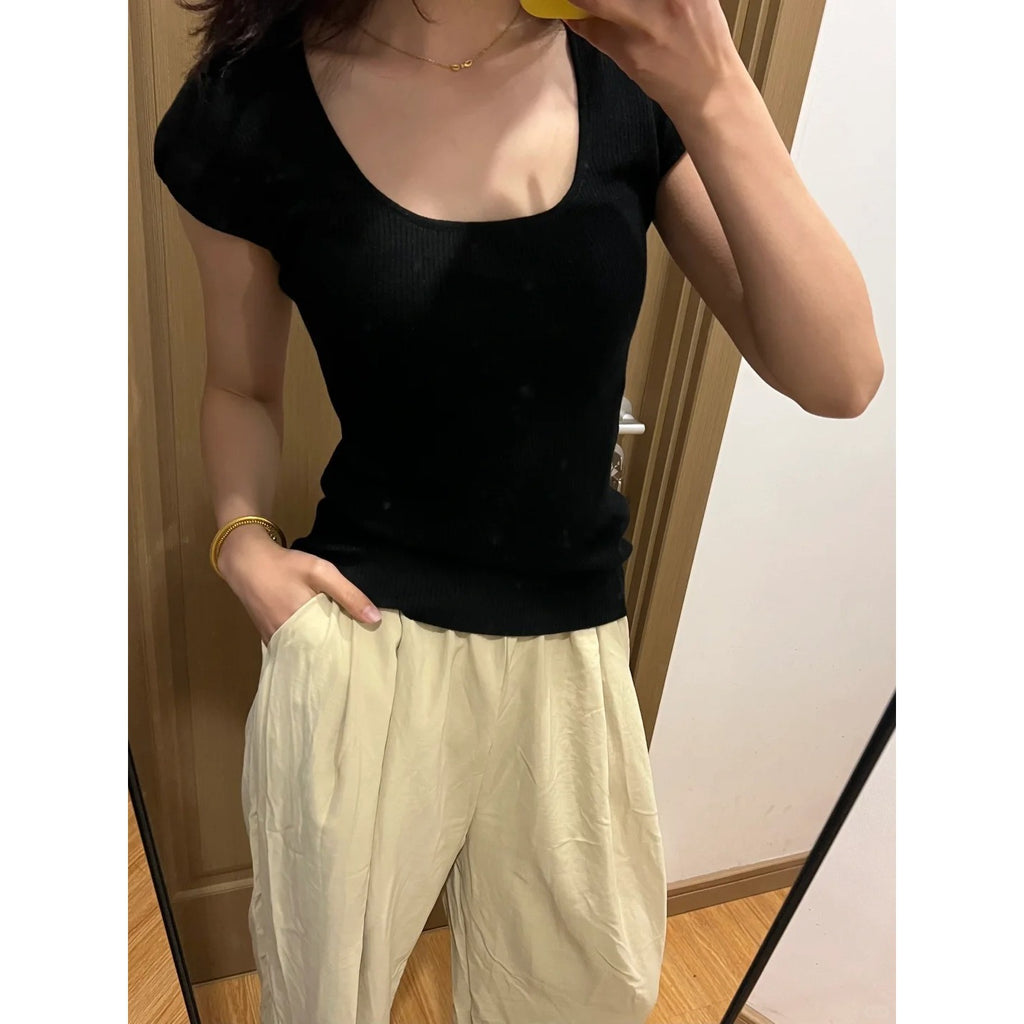 Purple U-Neck Ribbed Knit Short Sleeve