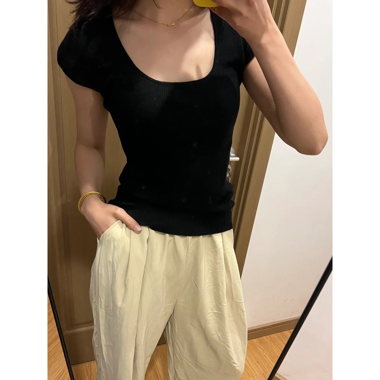 Purple U-Neck Ribbed Knit Short Sleeve