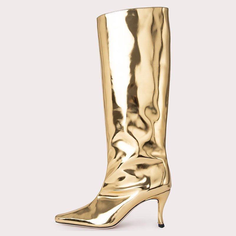 pop design autumn winter motorcycle boots shoes women print leather knee high boots sexy high heels platform riding boots woman
