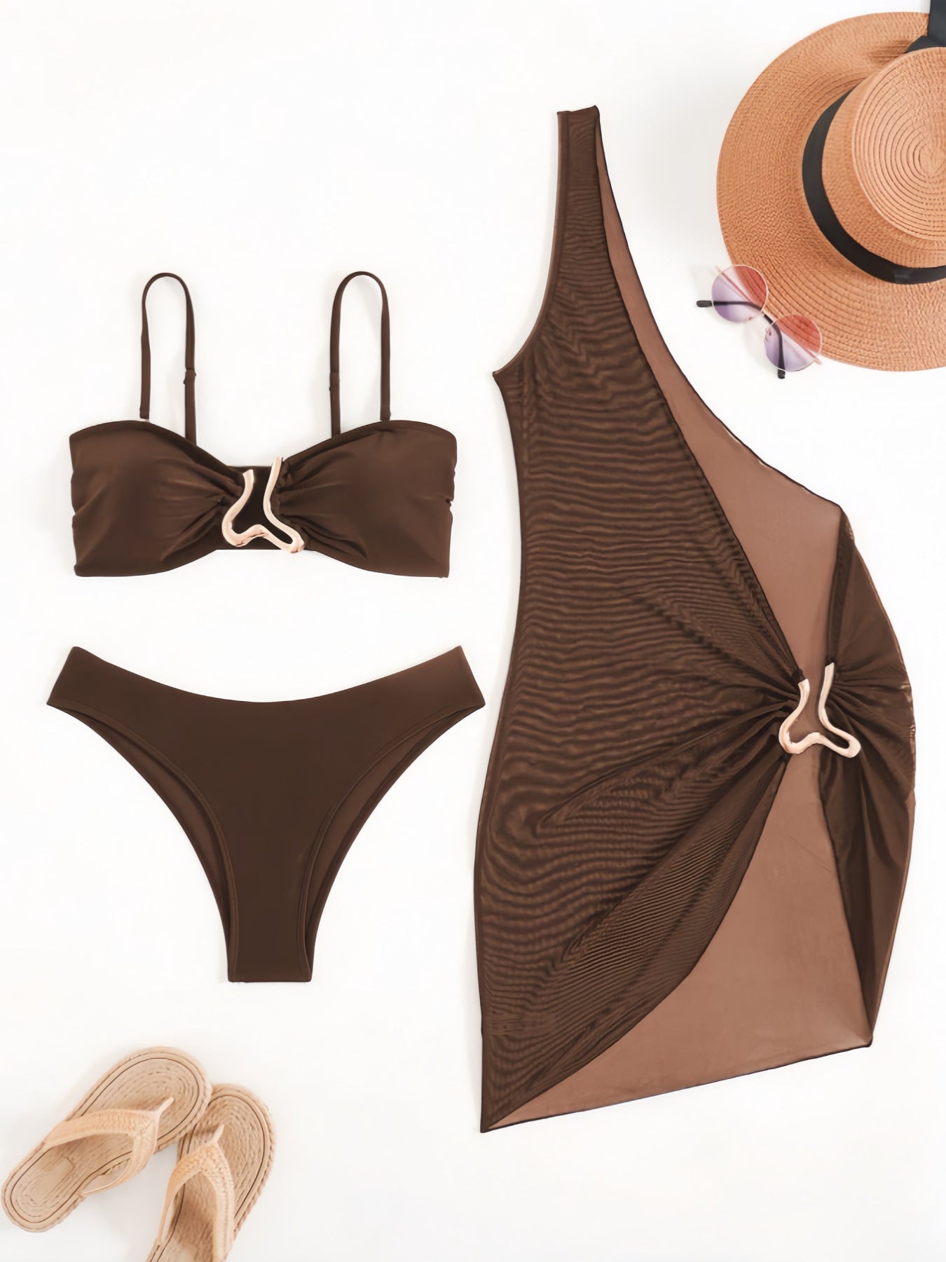 Solid color three piece split bikini set