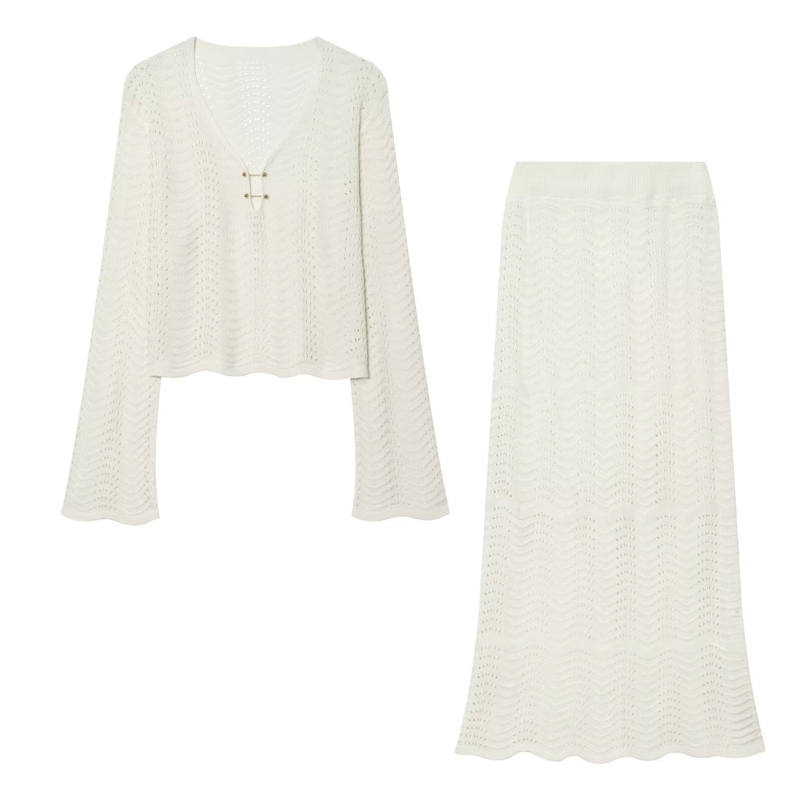Commuting style elegant knitted long sleeved+skirt set