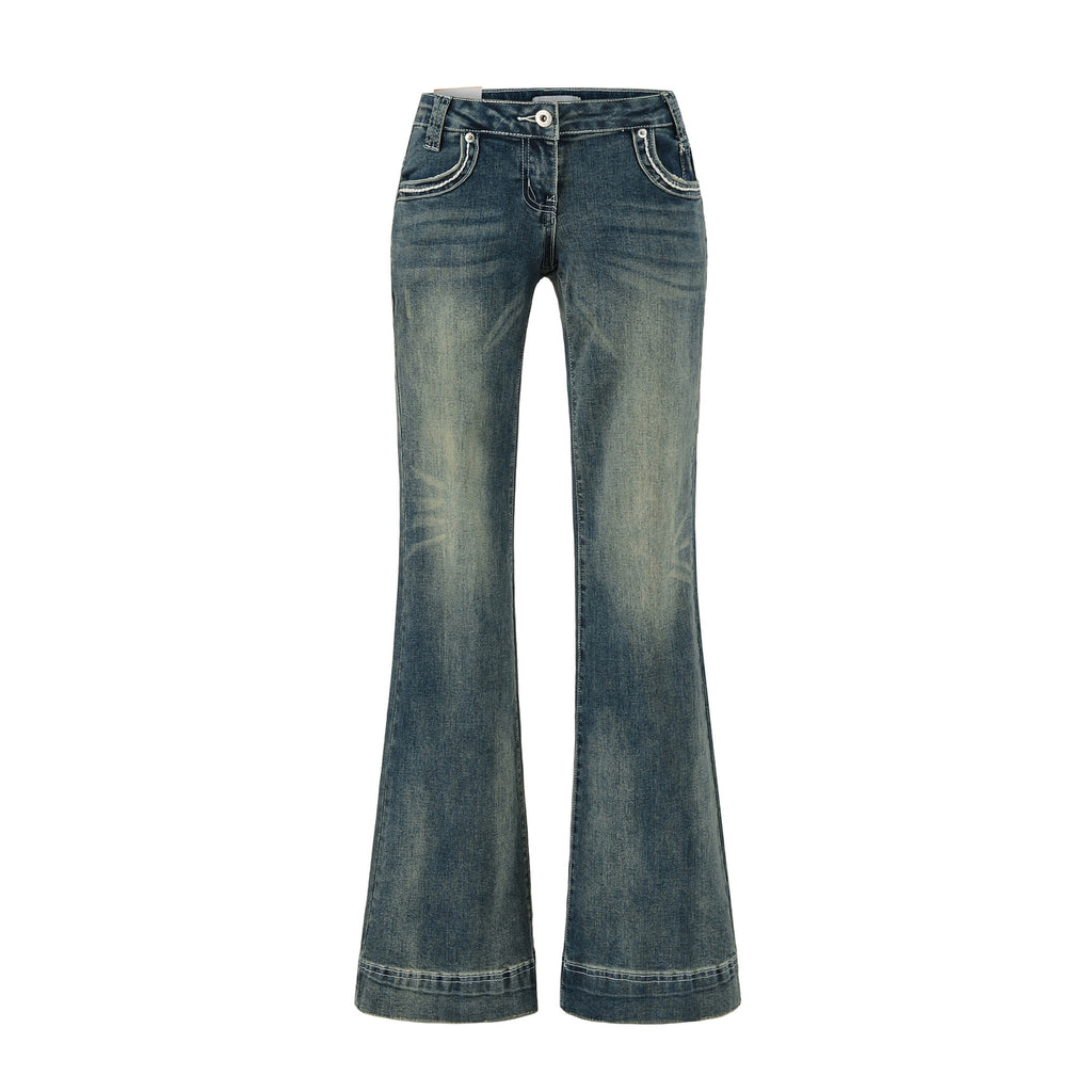 Low-Waist Washed Blue Flared Jeans for Women, Comfortable and Versatile Denim Pants